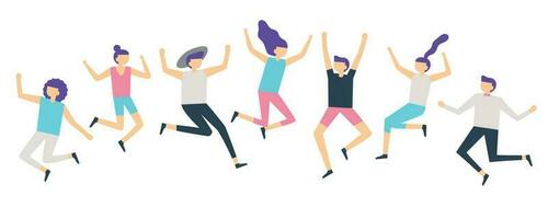 Jumping people. Active adults friends group jump. Happy female and male characters jumped and laugh vector illustration