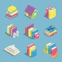 Isometric books. Pile of book, open and closed textbooks. Library and education 3d vector icons