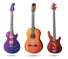 Set of vector guitars. Acoustic guitar, bass guitar, electric guitar.