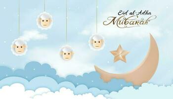 Eid al Adha Banner.Poster for traditional muslim holiday with sheep,crescent star on cloudy background.Vector Eid Mubarak celebration of Muslim community festival,Islamic flyer,poster for social media vector