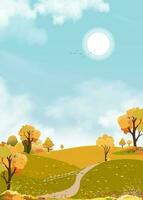 otoño paisaje de granja campo con azul cielo fondo, horizonte otoño temporada en campo con nube cielo y sol, montaña, hierba tierra en naranja follaje, vector vertical bandera para acción de gracias fondo