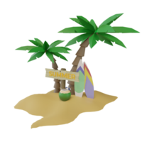 summer signboard with palm trees, surfboards and young coconuts, 3d render png