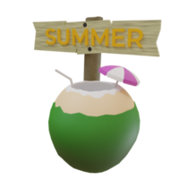 3d rendering of fresh coconut fruit drink with summer signboard, for posters, banners, promotional flyers and greeting cards png