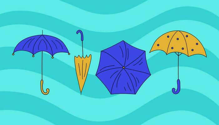Set of drawings of umbrellas. Umbrella open and closed. Colored background, waves, water. Doodle style. Drawingcock, Vector illustration.