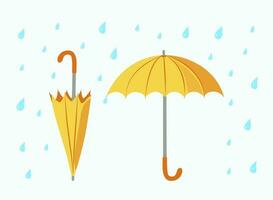 Bright umbrella. Rain, puddles and an umbrella. Cartoon set.  Icons . Vector illustration.