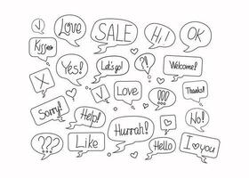 Short phrases in speech bubbles, set. Online chat clouds with text, words, comments, emotions. Informational forms. Suitable for illustrating reactions. Vector illustration, doodle with text.