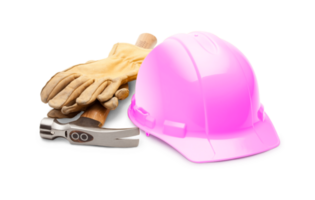 Pink Safety Construction Hard Hat, Hammer and Leather Gloves Isolated - Transparent PNG. png