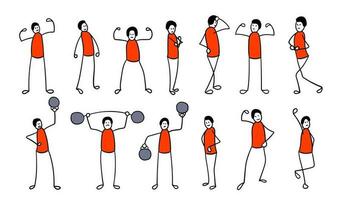 Strong stick man. Man lifting dumbbells. Different poses set. vector