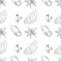 Seamless pattern of outline drawing of slice of citrus, glows, cinnamon and Star anise with seeds. vector