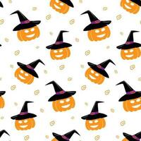 Endless pattern of smiling pumpkin in witch hat and Abstract element around in trendy Halloween hues vector