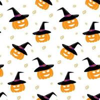 Endless pattern of smiling pumpkin in witch hat and Abstract element around in trendy Halloween hues vector