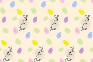 Seamless pattern of Easter bunny in one continuous line and Easter eggs with hand drawn elements. vector