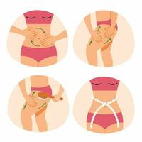 hermosa joven mujer lo hace mano masaje de abdomen y muslos. prevención celulitis piel cuidado. joven y esbelto cuerpo. conjunto belleza ilustraciones. vector