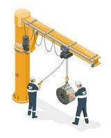 Two worker using Operating Slewing jib medium crane to lifting and moving heavy mattirial inside factory warehouse industrial isometric isolated cartoon vector