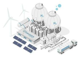 Green hydrogen simple power plant concept with solar cell and wind turbine energy for h2 semi truck transporter ecology powerhouse electricity in nature isometric vector isolated