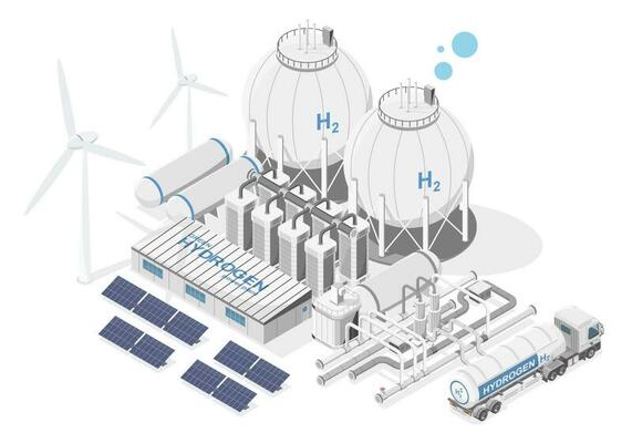 Green hydrogen simple power plant concept with solar cell and wind turbine energy for h2 semi truck transporter ecology powerhouse electricity in nature isometric vector isolated