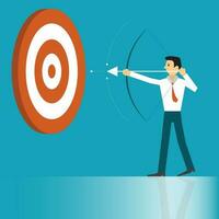 Business man cartoon character standing archery to hit the goal of success. goals for business success. concept about Effort, determination, success. vector