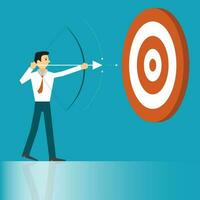 Business man cartoon character standing archery to hit the goal of success. goals for business success. concept about Effort, determination, success. vector