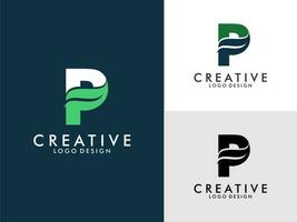 Initial Letter P Logo with Green Leaf vector on three color variations . Usable for Branding and Nature Logos. Flat Vector Logo Design Template Element