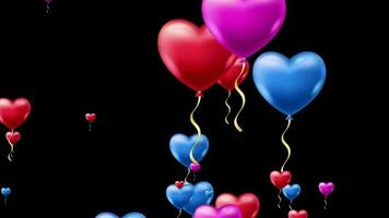 multicolor love balloon flying animation on black background, Red, pink and blue heart shape balloon flying background video