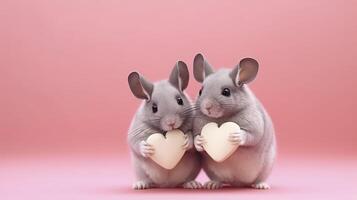 Two chinchillas holding hearts. Generative AI. photo