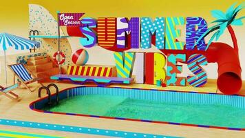 3d beatiful animation of a swimming pool with a water togoban, with summer vibes letters. Summer concept. video