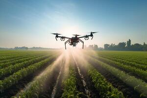 zumbido pulverización cultivos en agrícola ajuste con azul cielo con generativo ai foto