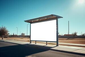 a bus stop with a large blank billboard on the pavement with photo