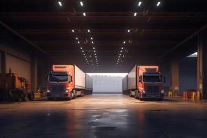 loading bay with two trucks parked outside in the style of modern with photo