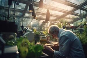 a scientist conducting a sample microscopy in a greenhouse with photo