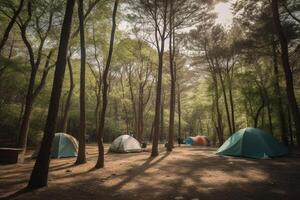 camping tents and camp furniture set up in a forest with blue sky with photo