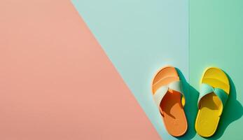 Flip flops on a bright background in summer concept with photo