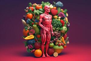 un humano cuerpo presentando con vegetales y frutas con generativo ai foto