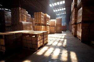 multiple pallets and boxes are in the warehouse in large scale with photo