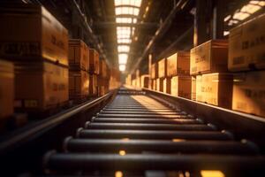 three boxes on the conveyor belt in the warehouse in the style of digital manipulation with photo