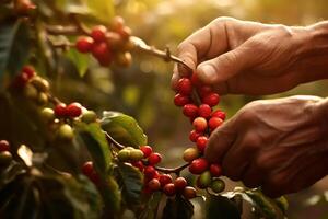 hand picking coffee berry in the early morning sunrise to make coffee commercials with photo