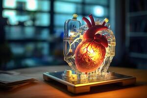 Synthetic heart in a science lab with photo