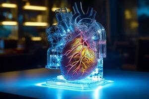 Synthetic heart in a science lab with photo