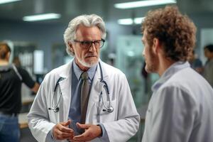 senior man talking with doctor with photo