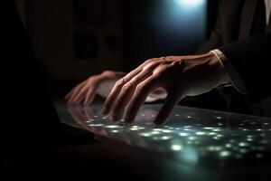 the hands of Businessman pressing on computer screen with photo