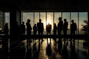 silhouette business people working at bright office with photo