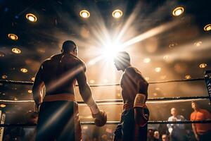 boxeadores lucha como ligero brillante alrededor ellos con generativo ai foto