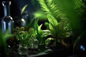 green plants on a table next to microscope in a lab with photo