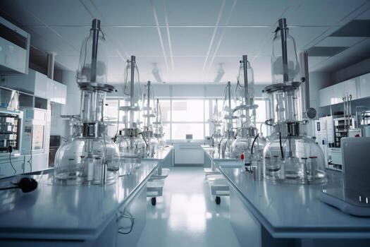 a laboratory with blue lights inside with photo