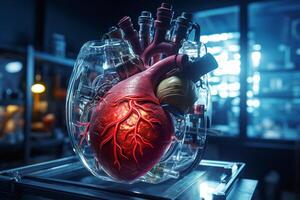 Synthetic heart in a science lab with photo