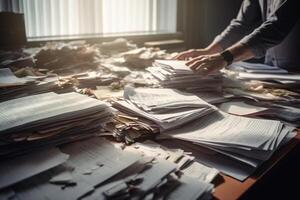 the hands of an office worker working with stacks of documents with photo