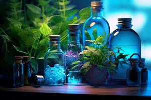 science with samples of plants and bottles with photo