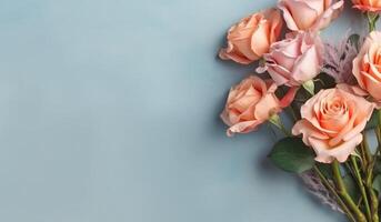 ramo de flores flores de rosas flatlay con grande vacío llanura pastel antecedentes para texto Bosquejo ai generado foto