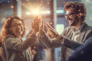 happy people are giving each other a high five in a bright business office with photo