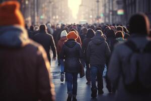 crowd of people walking in a busy road with photo